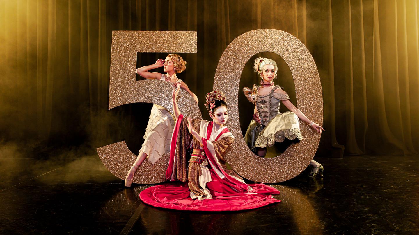 Antoinette Brooks-Daw, Rachael Gillespie and Pippa Moore posing in costume for Northern Ballet's 50th Anniversary