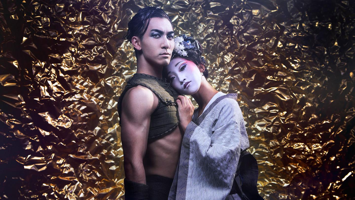 Dancers Riku Ito and Minju Kang as Samurai and Geisha look directly into the camera. Photo Guy Farrow