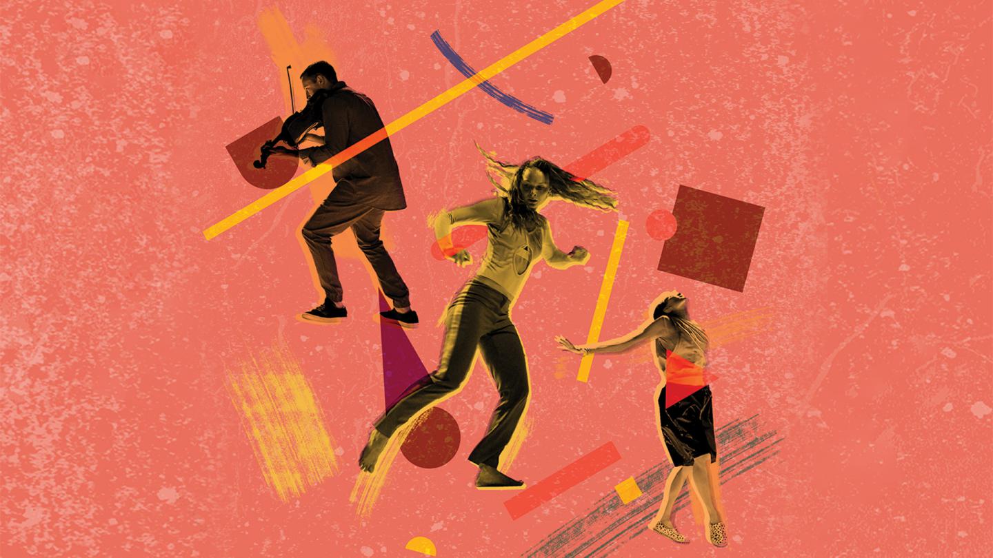 A stylised image of two dancers and a violin player on an orange backdrop