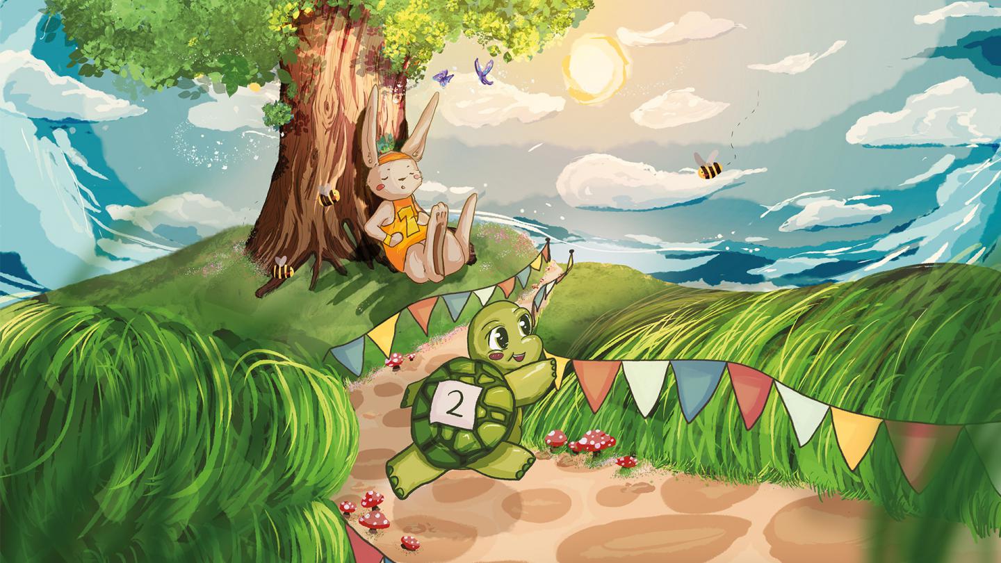 An illustration featuring a hare taking a nap under a tree while a tortoise runs past with wide eyes and a smile