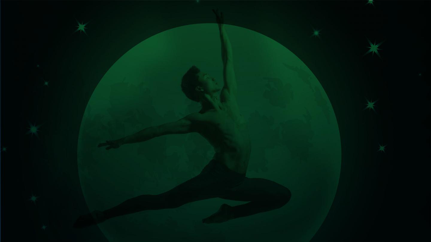 Black and green photo of boy leaping across the moon, the image is very dark and difficult to make out details
