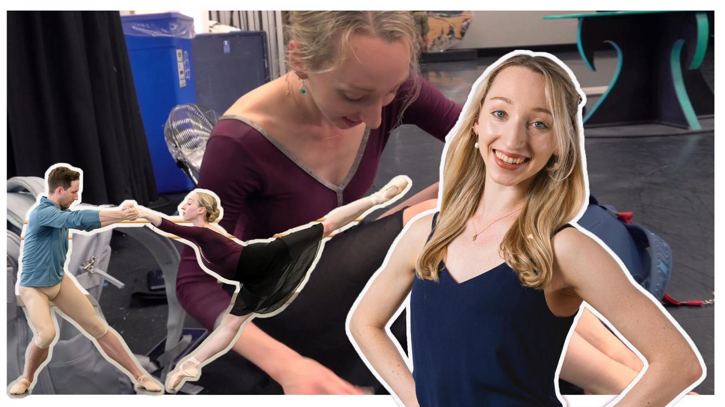 Collage of clips from the Heather Lehan video blog in which she is examining something from her bag, dancing with a partner, and smiling at the camera