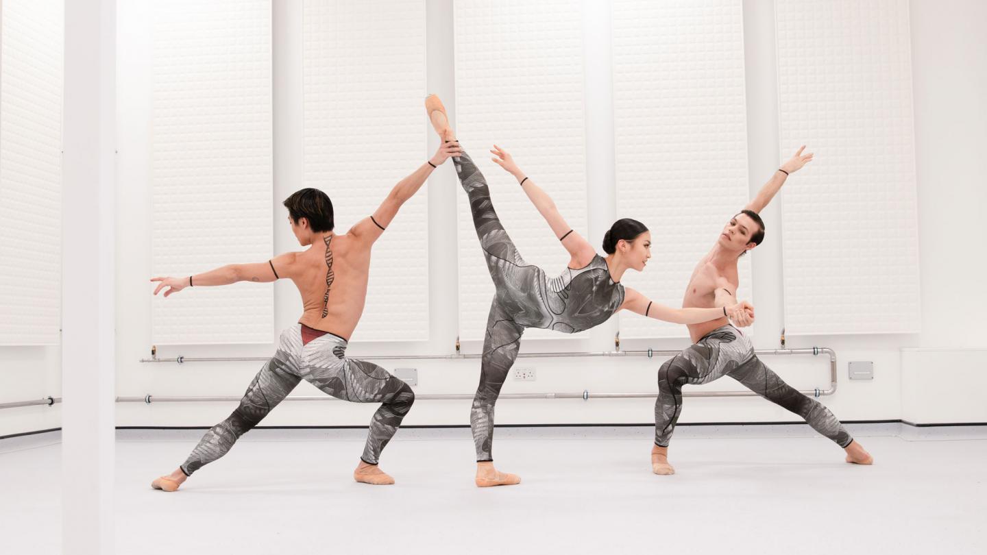 Three dancers stood in various poses on a white background in grey leotards