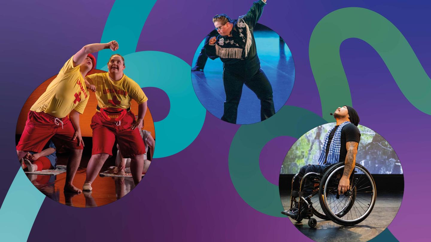Three circles, each featuring dancers of different abilities, against a stylised purple backdrop with green and turquoise swirls passing across the background.