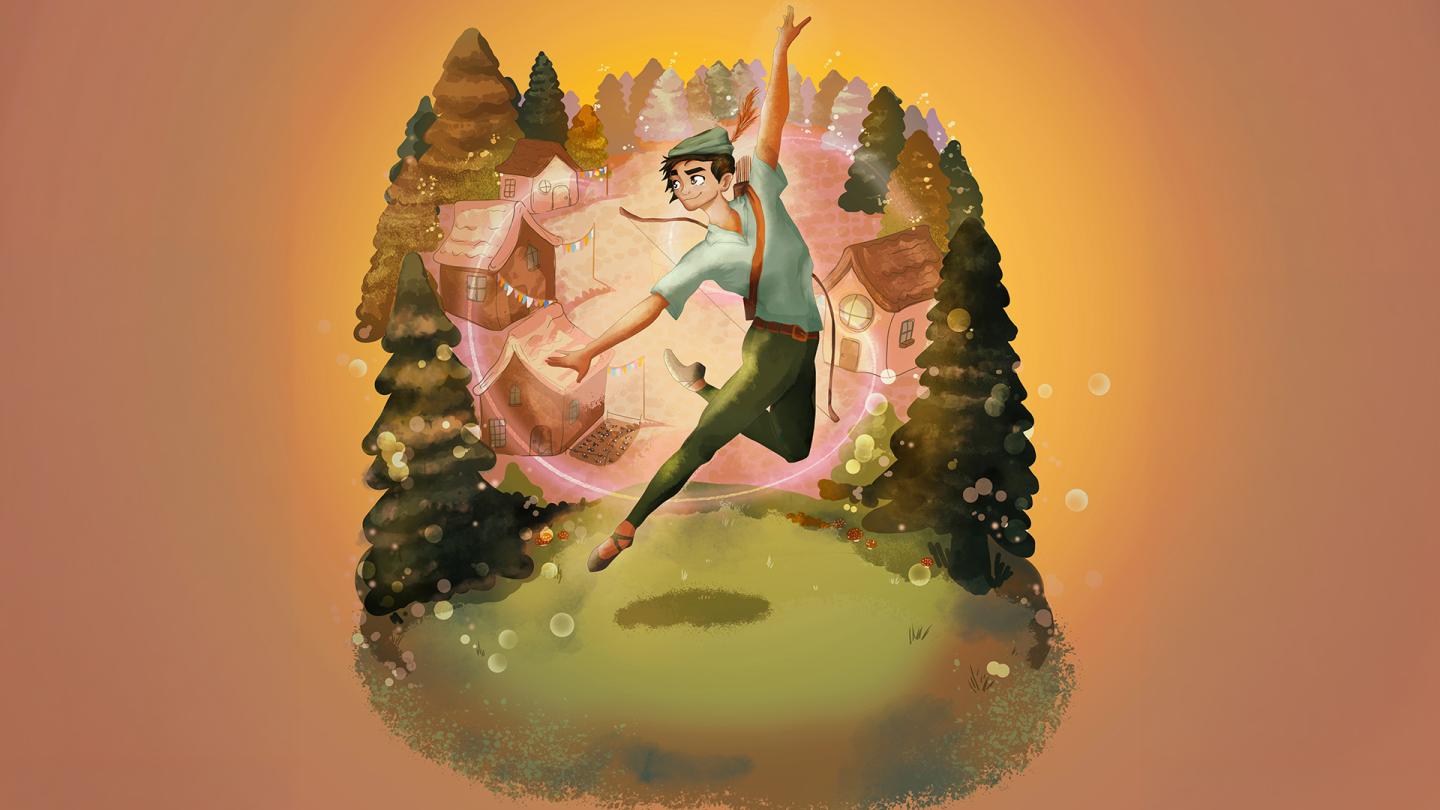 Cartoon illustration of dancer leaping wearing a green cap with a red feather, a bow across his back and a quiver on his shoulder