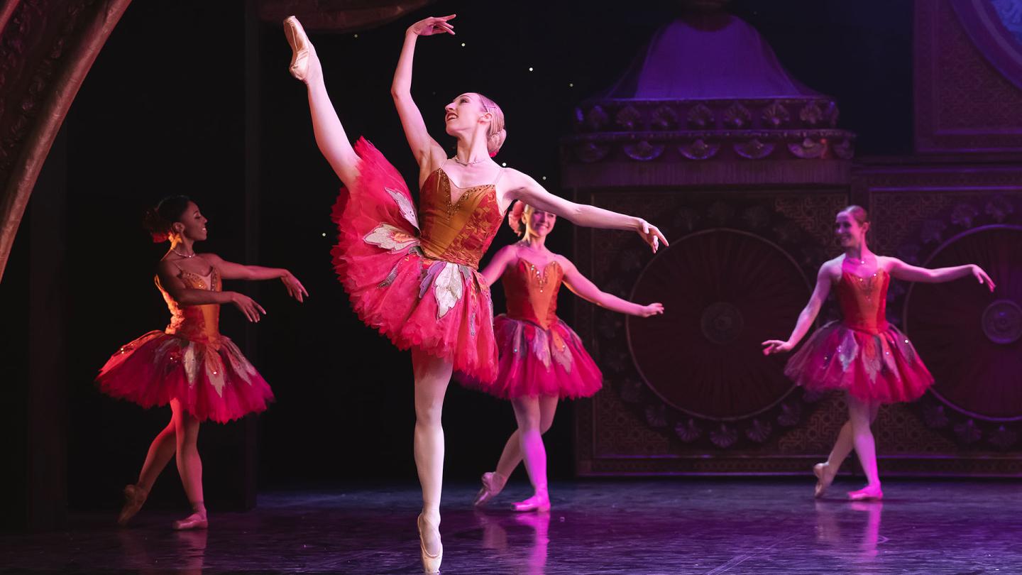 A dancer stood on pointe in a pink tutu with one leg raised high