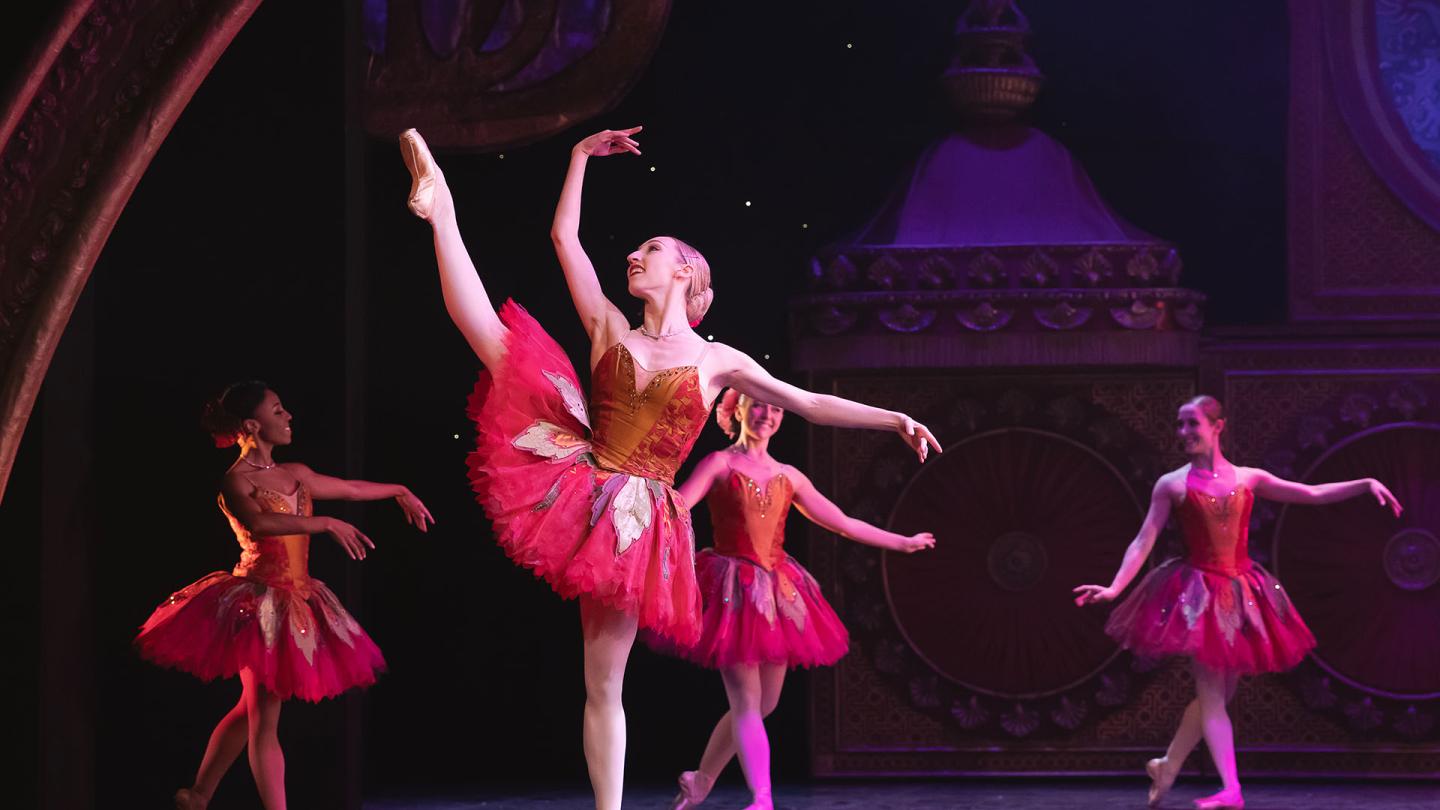 A dancer stood on pointe in a pink tutu with one leg raised high
