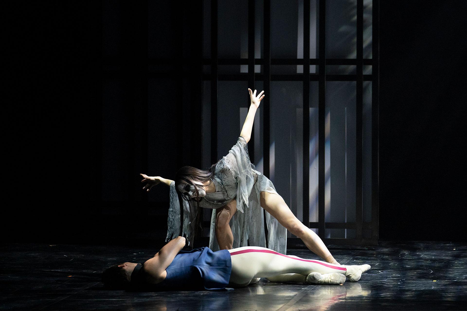 Geisha, production, 2020, Minju Kang as Okichi and Joseph Taylor as Henry Heusken, photo Emma Kauldhar Okichi's spirit revels in the death of Henry