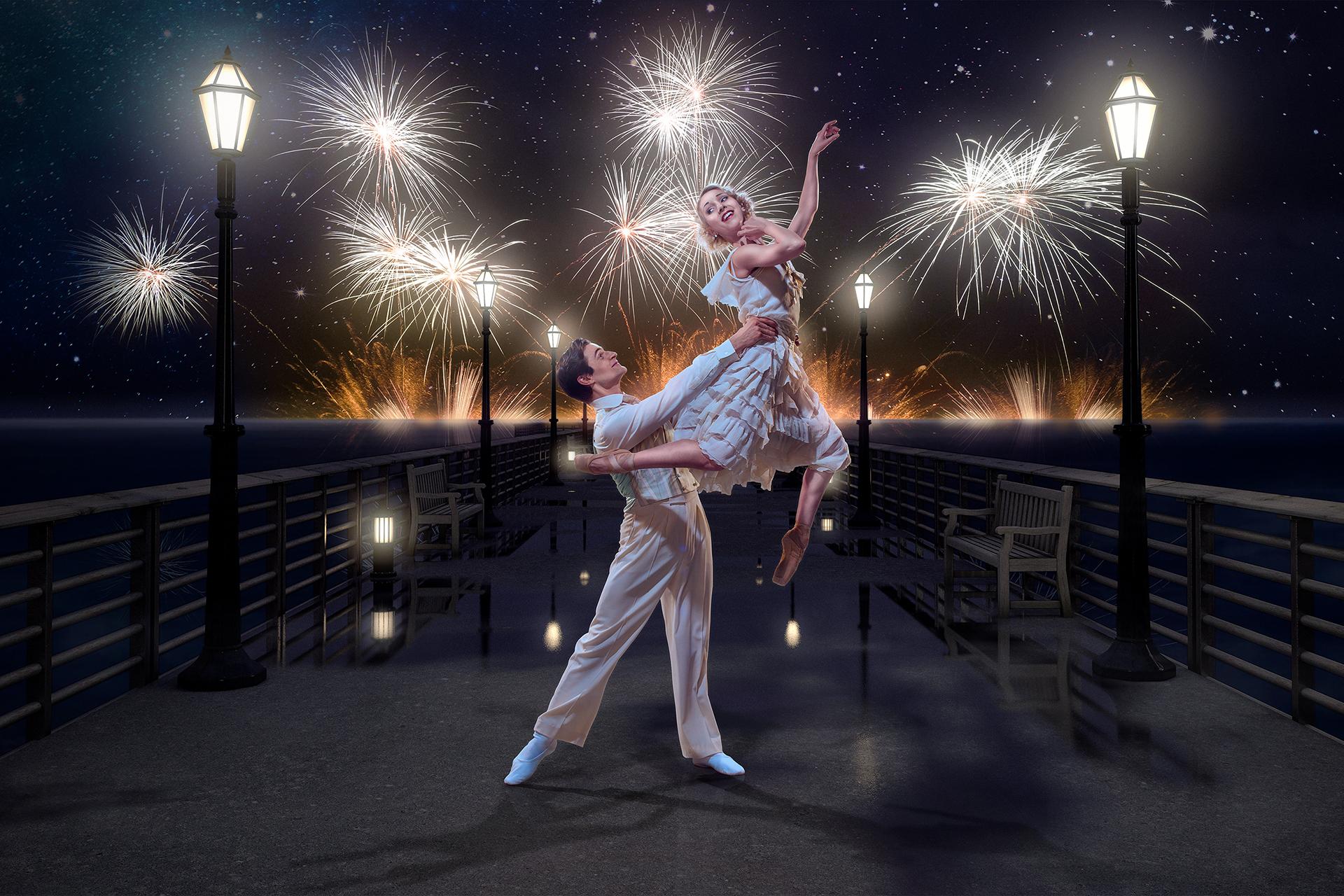 Nicola Gervasi and Antoinette Brooks-Daw on a pier for the poster of The Great Gatsby taken by Guy Farrow.