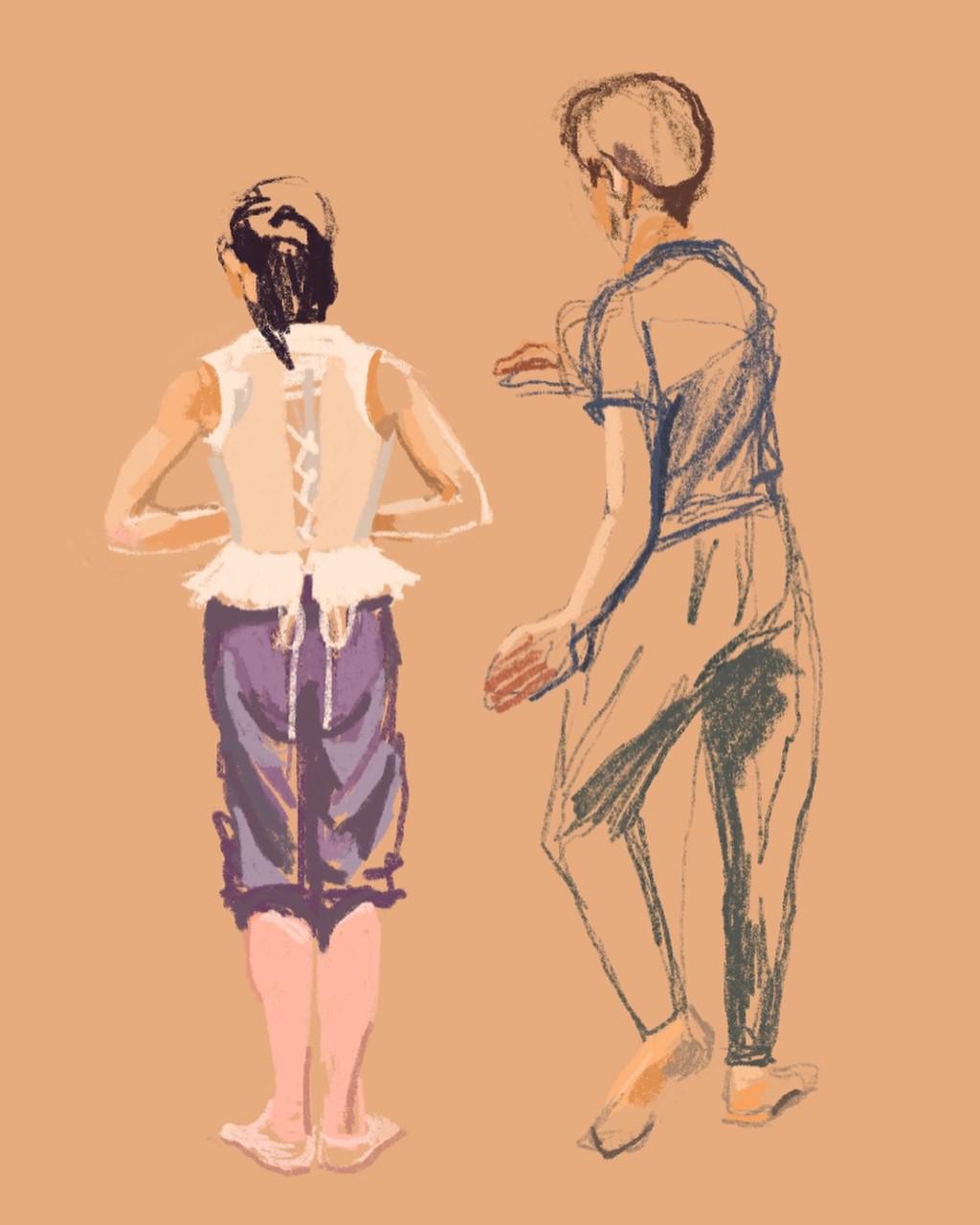 Artists sketch of two Northern Ballet dancers dressed in 18th century costume