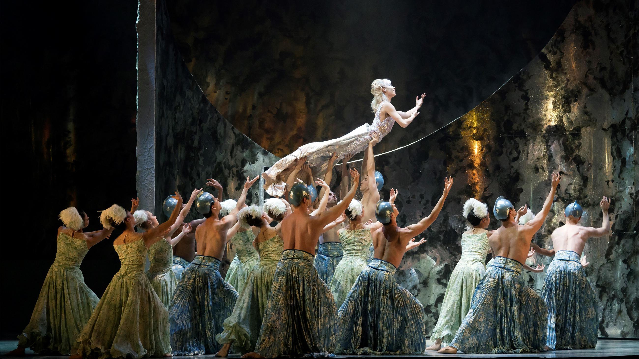 A photo of Northern Ballet dancer Abigail Prudames raised aloft by Northern Ballet dancers in David Nixon OBE's The Little Mermaid. Photo Emma Kauldhar, 2017.