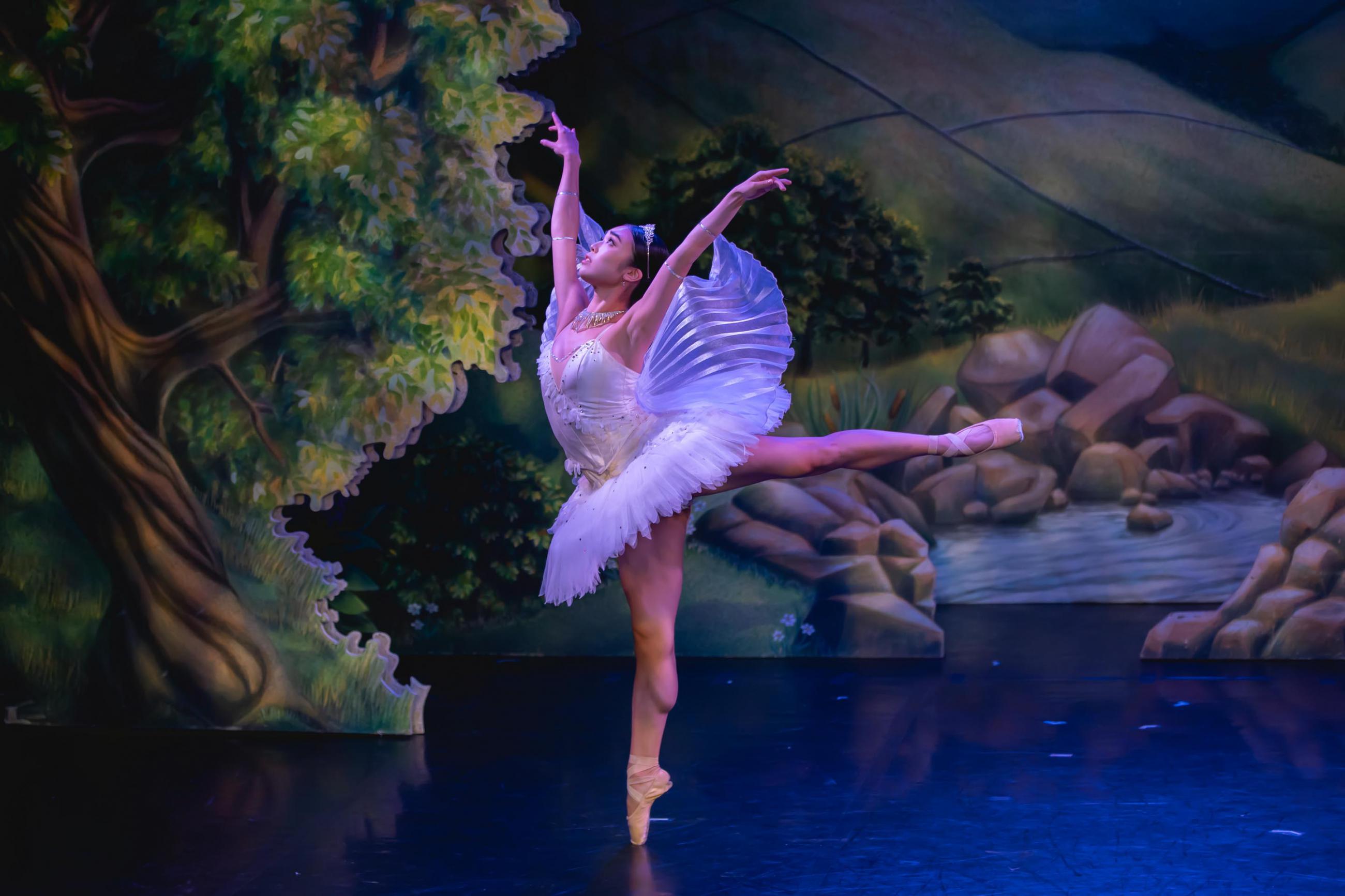 A dancer in a tutu in an arabesque