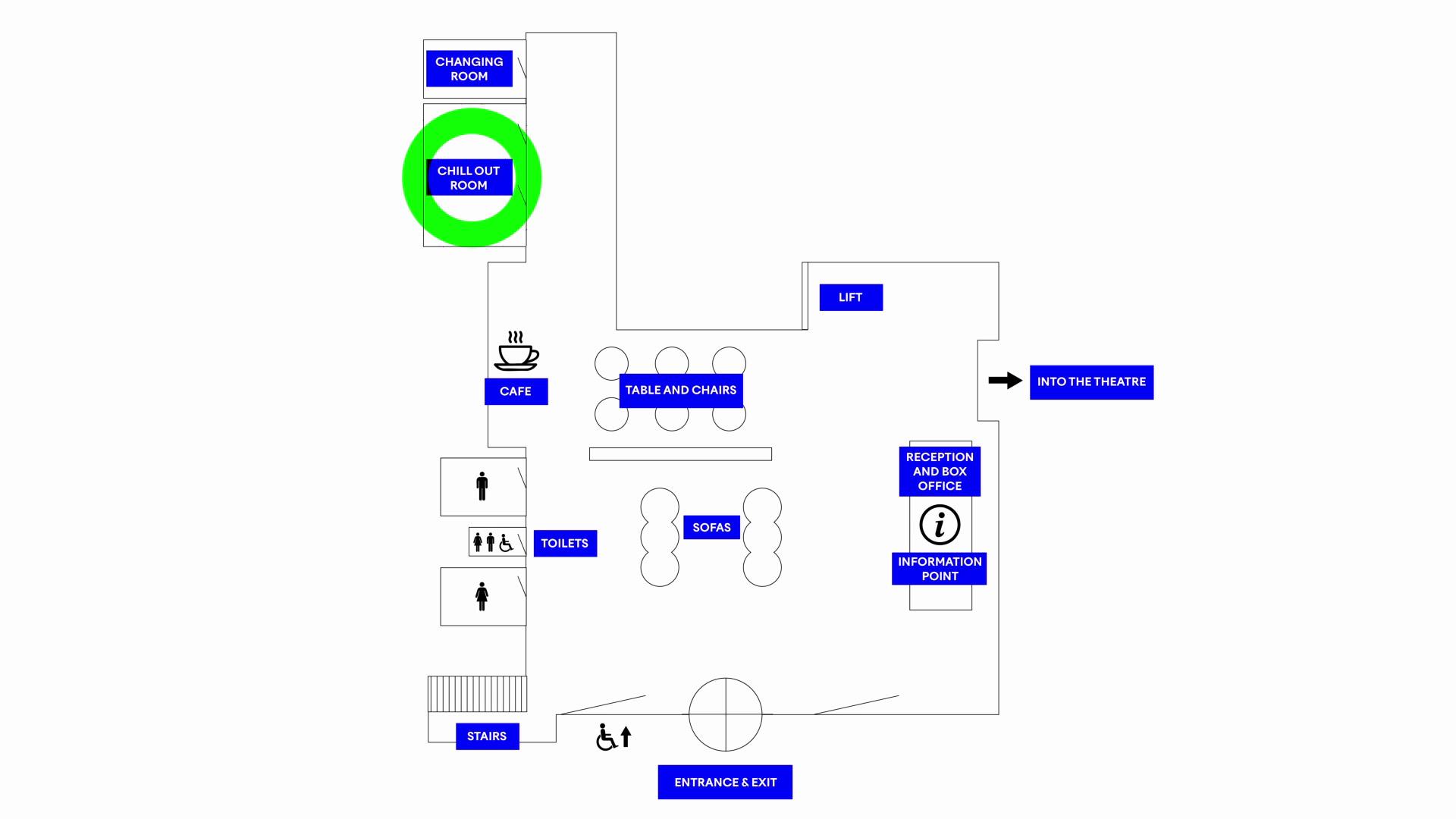 Map of the Northern Ballet ground floor layout with the chill out space highlighted