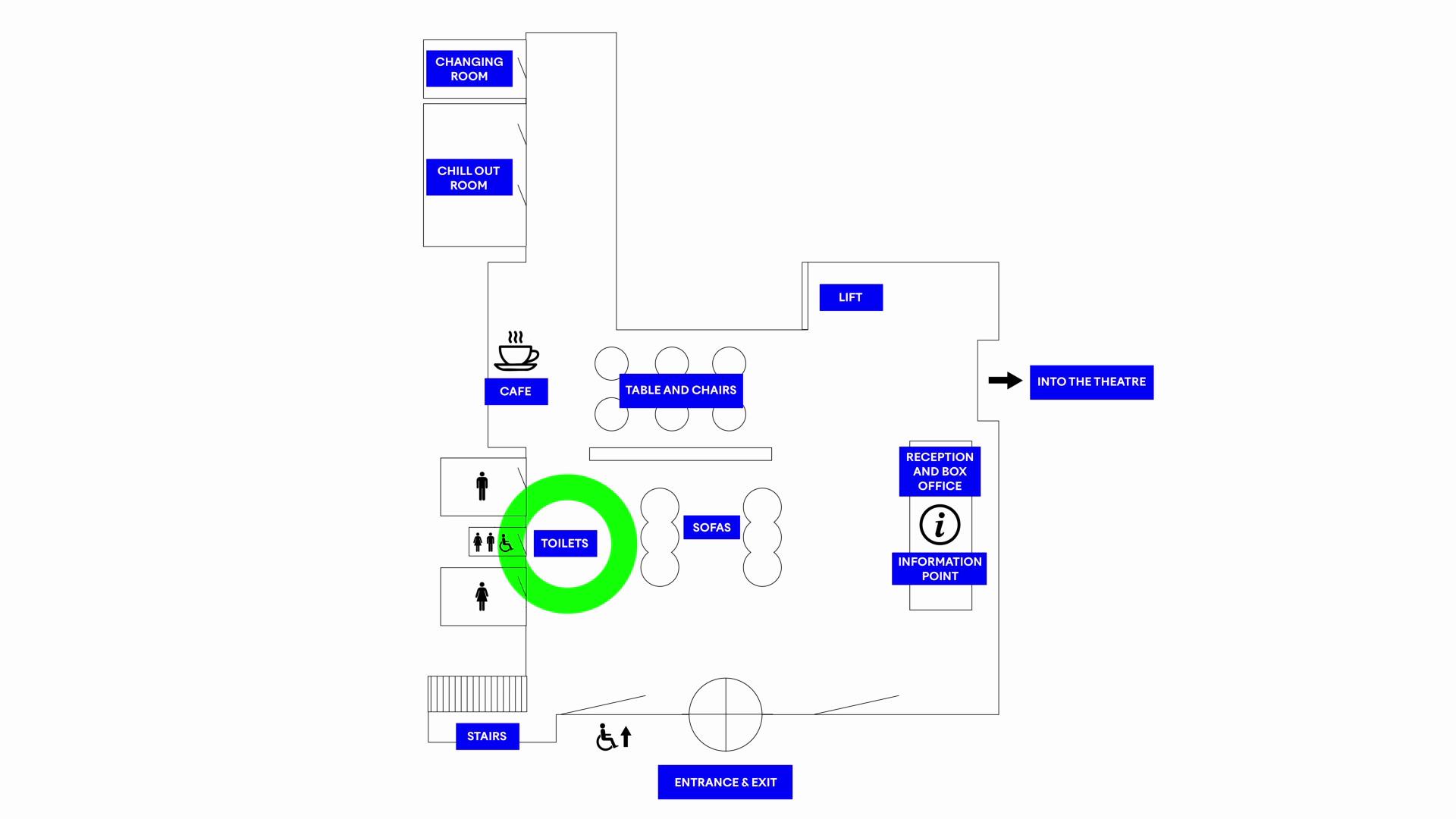 Map of the Northern Ballet ground floor layout with the toilets highlighted
