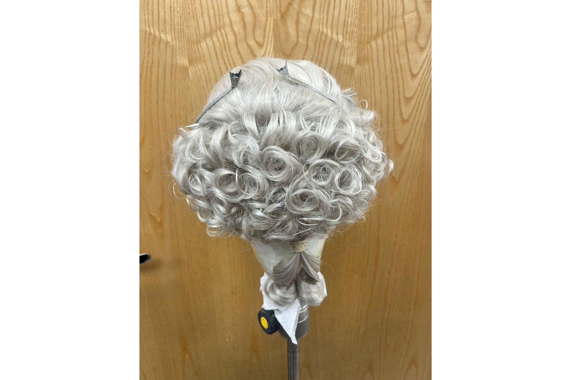 A grey men's wig has been curled and is pictured from behind. There are clips to secure the front into place and there is also a small ponytail at the nape of the neck.
