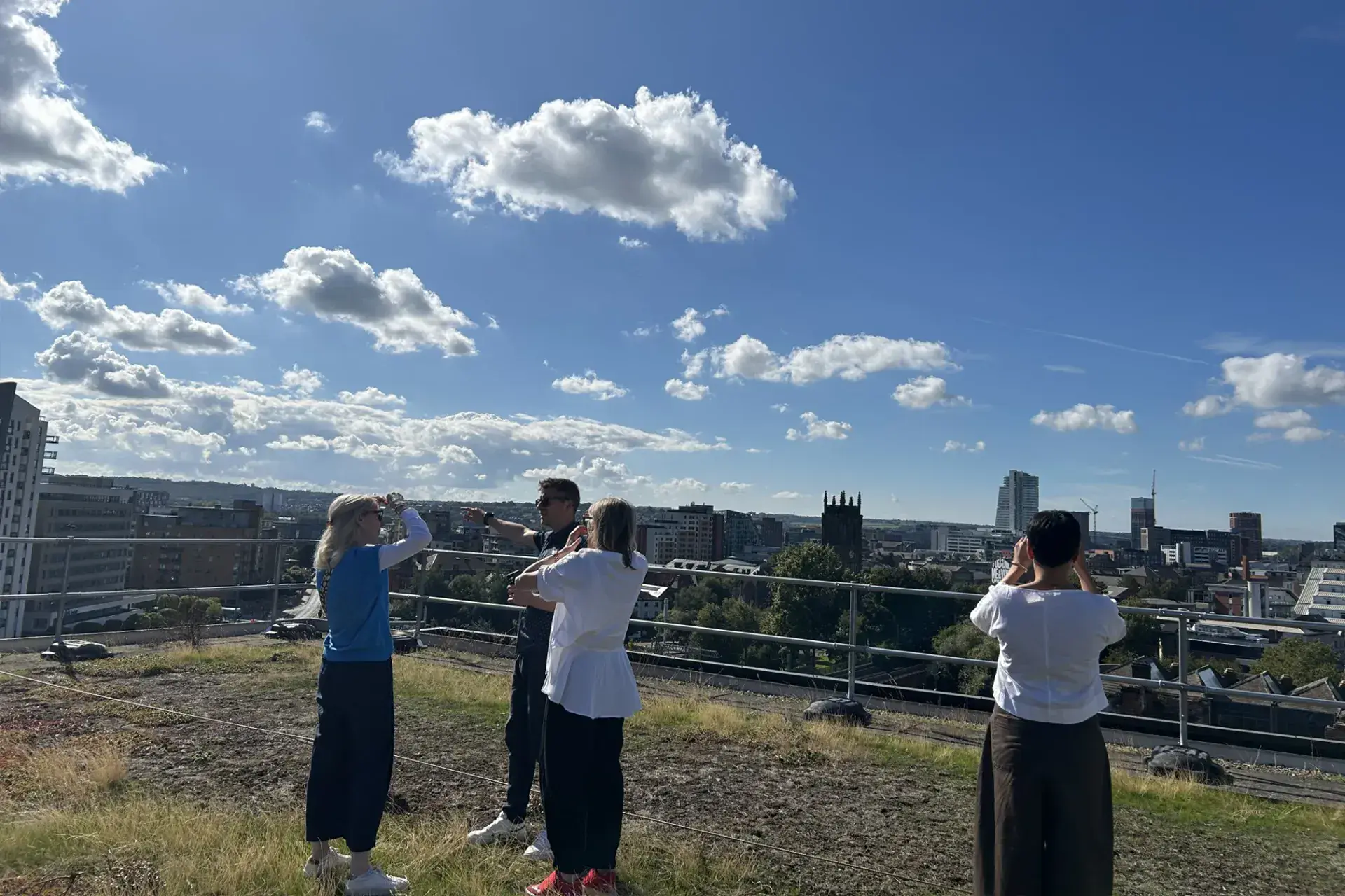 On Northern Ballet's HQ roof, the site of future solar panels and looking out at Leeds Minster