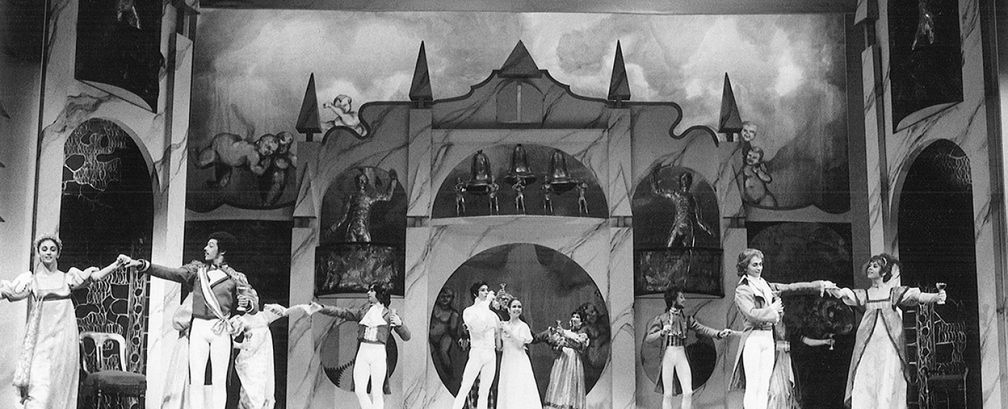 Carol Barrett, John Fletcher and dancers in Laverne Meyer's 1973 production of Cinderella