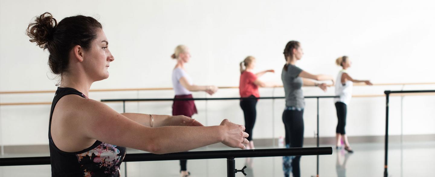 Student on the Academy's adult class at the barre. Photo Kathie Tiffany