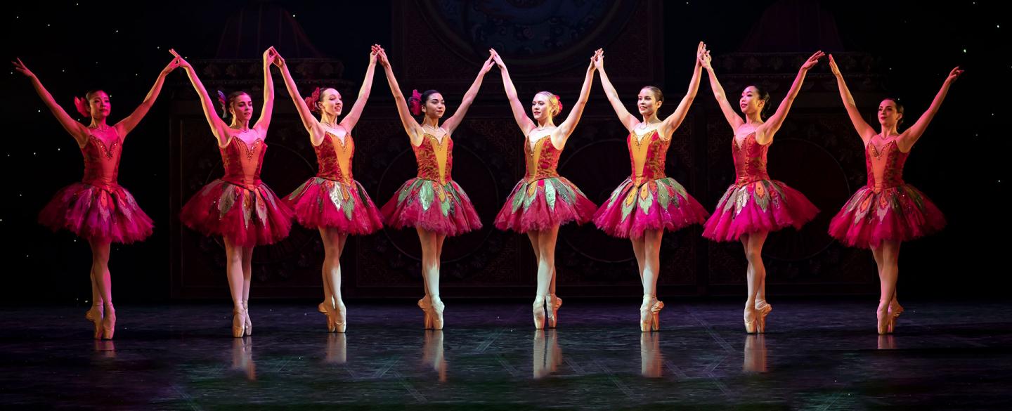 Nortehrn Ballet dancers line up perfectly as flowers in The Nutcracker.