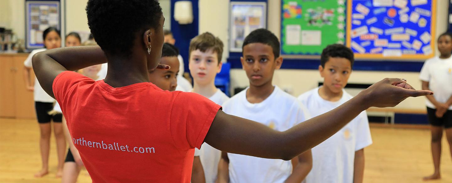 A group of pupils in a school hall watch as a dance teacher addresses them. The dancer teacher's back is to the camera, she is pointing across to the right of the image.