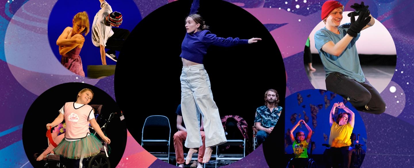 Five 'bubbles' with photographs of people dancing in them.