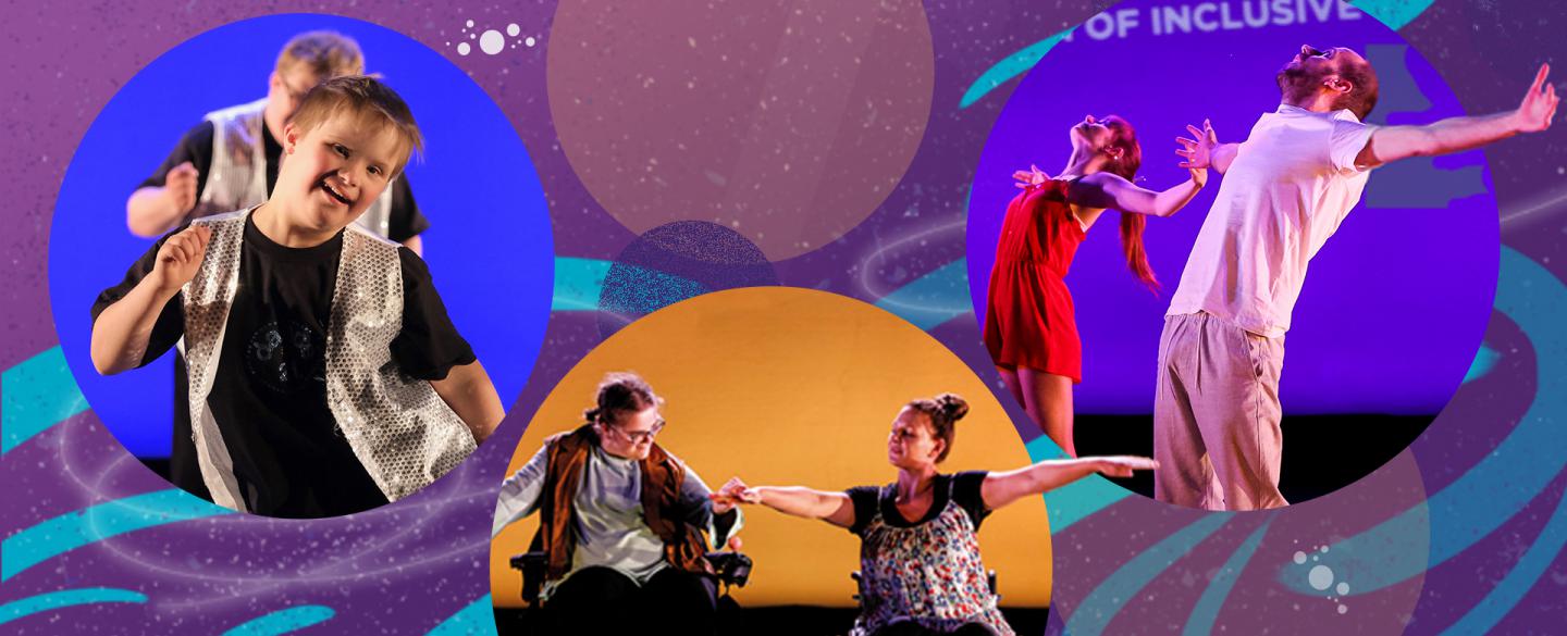 Groups of dancers perform on a blue stage. Purple and green graphics swirl around them. 