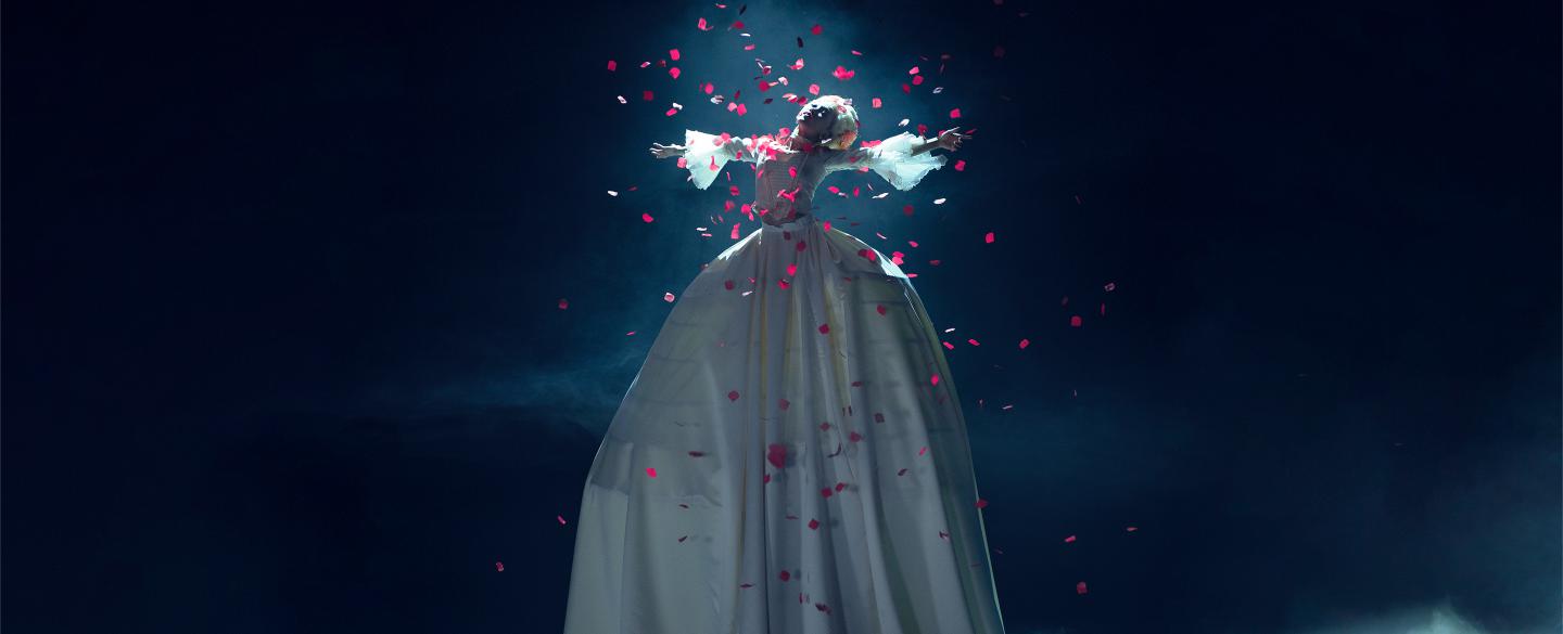 Dancer in a shower of of pink petals wearing a regency dress with an over-sized skirt.