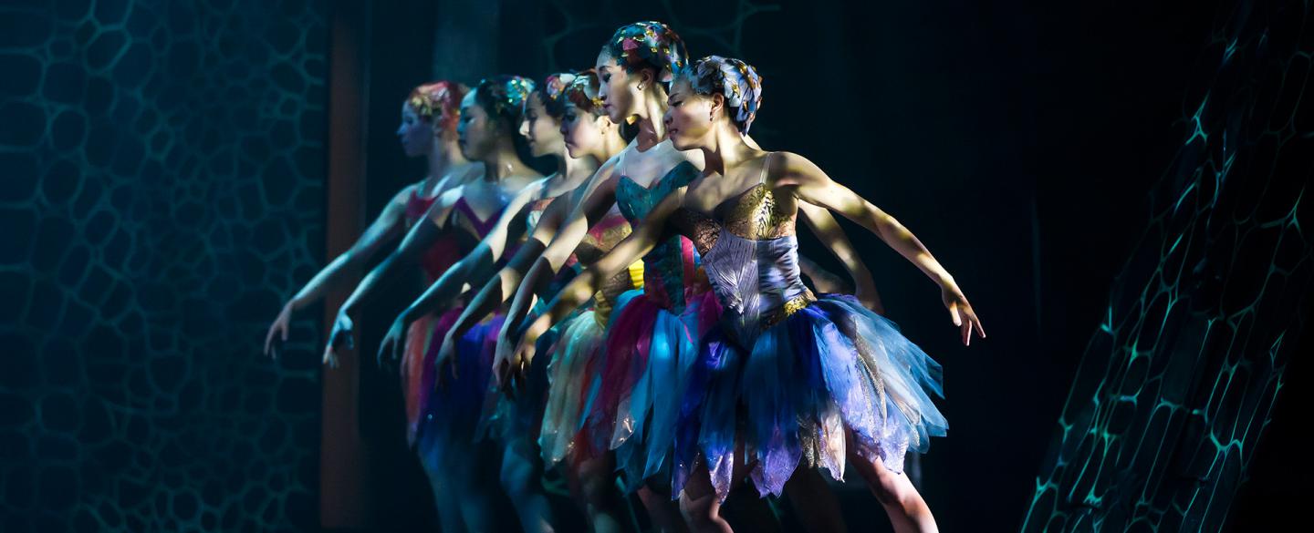Each dressed in different colours, dancers as fairies stand neatly in a row, leaning slightly forward with an arm in front and one behind.