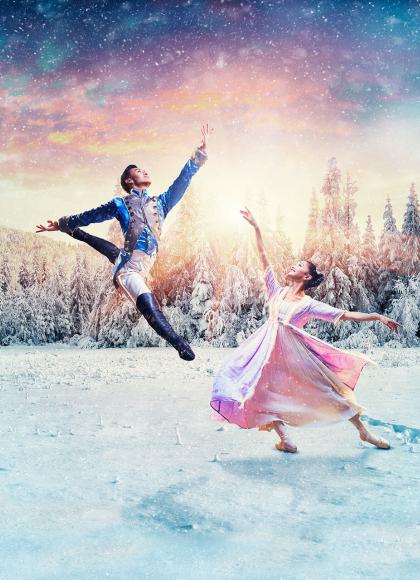 The Nutcracker Prince jumps high and Clara reaches up to catch him