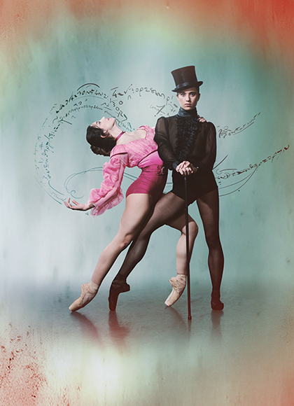 Wearing a black top hat and pointe shoes, the character of Gentleman Jack looks directly at the camera hands on a cane, a woman in pink hold onto her and leans back suggestively