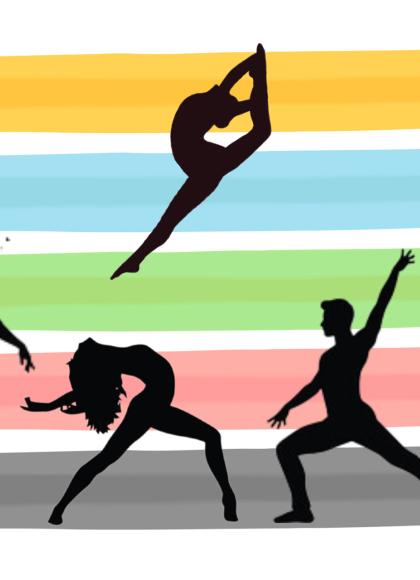 Five dancing figures in silhouette.