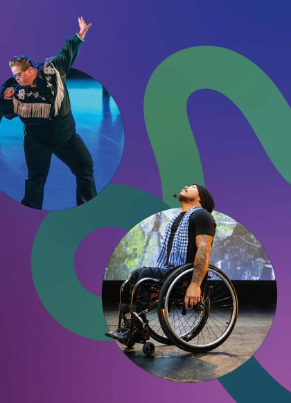Three circles, each featuring dancers of different abilities, against a stylised purple backdrop with green and turquoise swirls passing across the background.