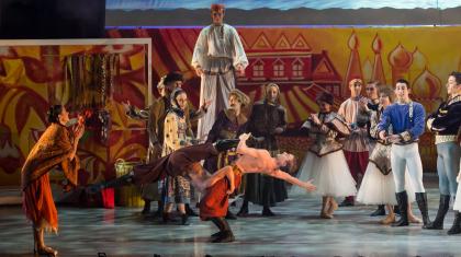 Northern Ballet dancers utilising circus skills on stage in Cinderella. Photo Bill Cooper
