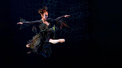 The fairy who punished Prince Orian leaps forward in a grand jete