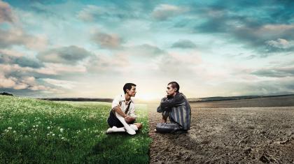 Kevin Poeung and Filippo Di Vilio on the poster for The Boy in the Striped Pyjamas. Photo by Guy Farrow