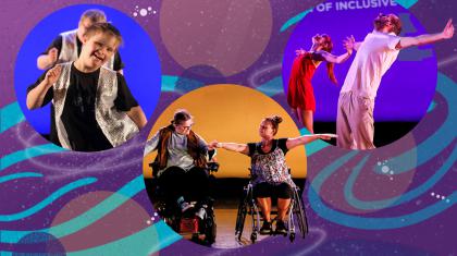 Groups of dancers perform on a blue stage. Purple and green graphics swirl around them.