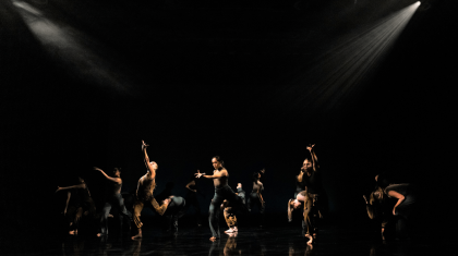 Dancers stand on a darkly lit stage, holding various poses with their arms and legs spread out. They are wearing brown, black and grey coloured trousers and short sleeved tops.