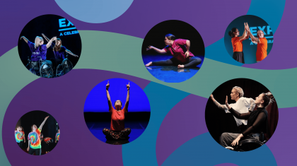 A purple background with 6 images in bubbles of people dancing on stage. There are green and blue swirls on the background of the image.