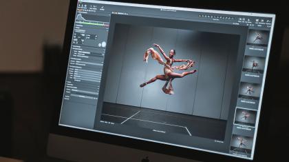 A monitor displays a preview of the Three Short Ballets poster shot.