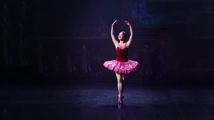 Dancer en pointe, wearing a pink top and tutu as the Sugarplum Fairy with her arms raised above her head