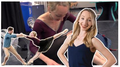 Collage of clips from the Heather Lehan video blog in which she is examining something from her bag, dancing with a partner, and smiling at the camera
