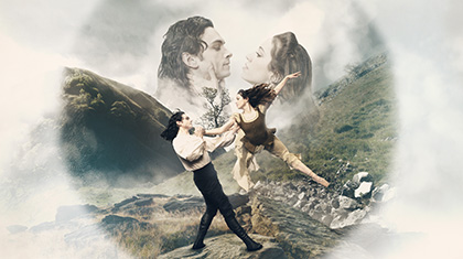 On the Moors a dancer leaps, at once constrained and freed by the man holding her arm, softer in the background they hold one another close either to fight or to kiss